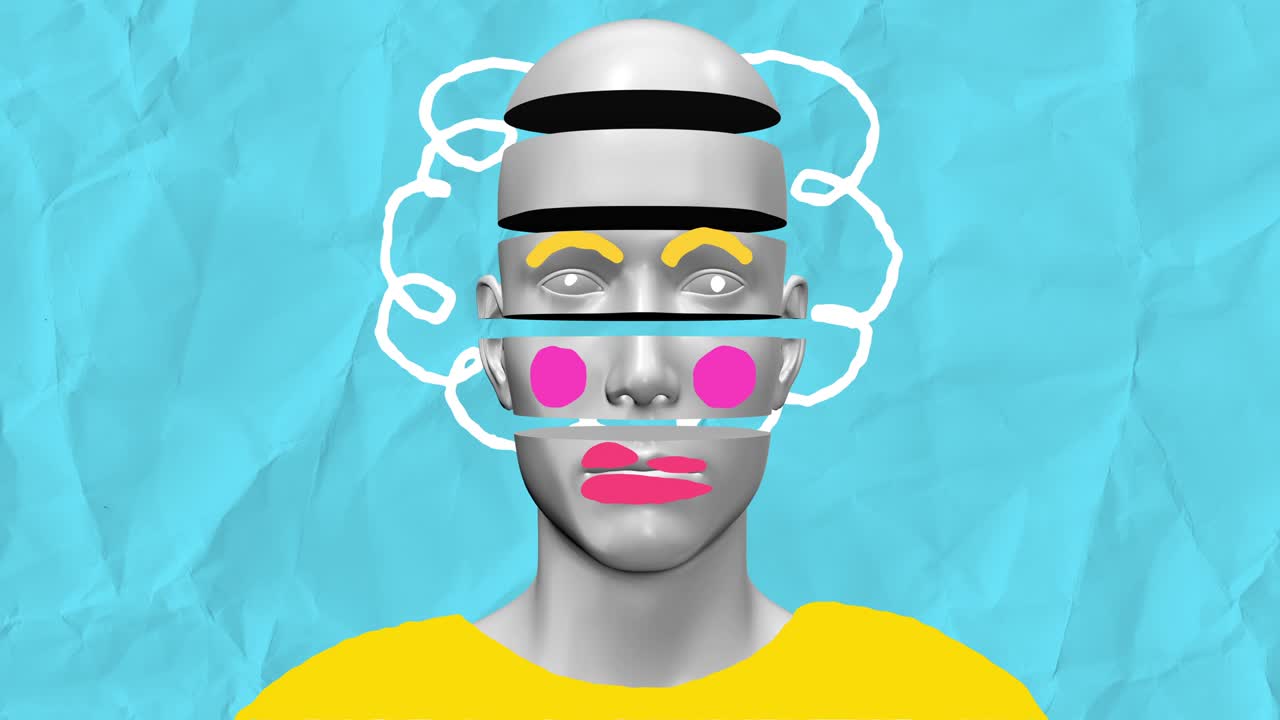 Minimal graphic colorful psychedelic design. Human body abstract art concept with doodle draw shapes. Realistic 3d character man or woman in creative stop motion style. Cartoon fashion loop animation