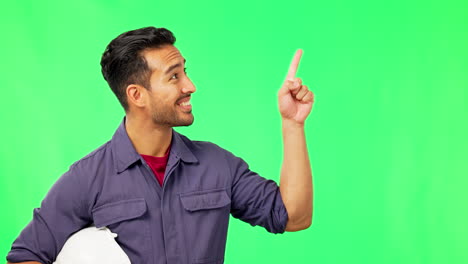 Asian-man,-engineer-and-pointing-on-green-screen