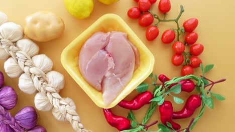 raw chicken breast with vegetables and garlic