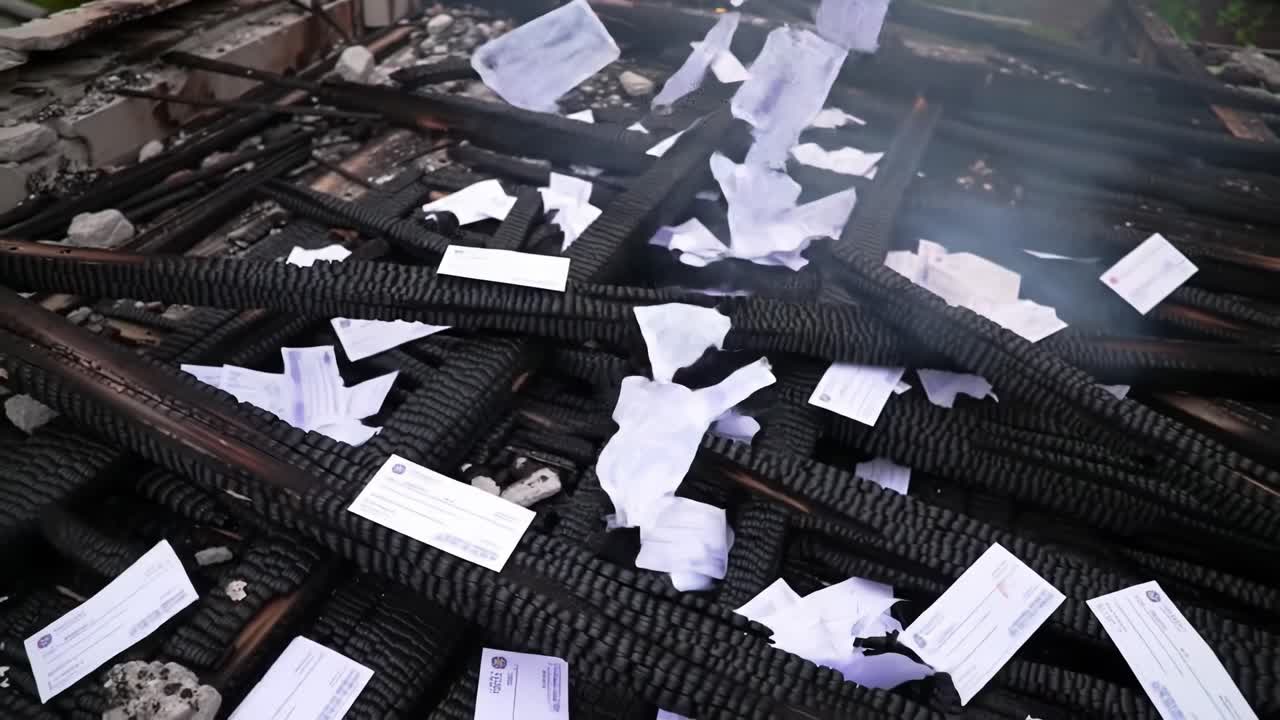 Scattered and Burnt Documents: A Dramatic Scene of Charred Remnants After a Fire, Showcasing the Fragility of Paper Amidst the Destruction and Chaos Left Behind