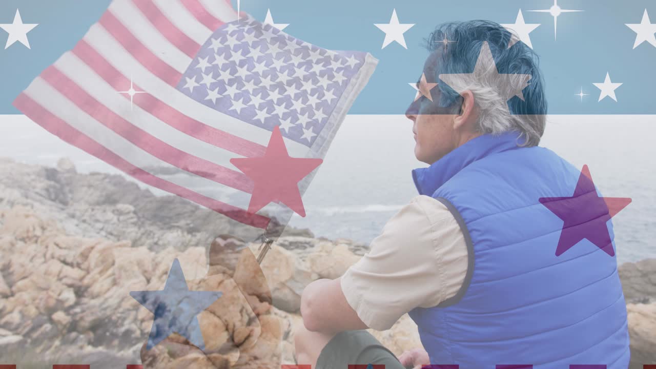 미국  ⁇ 발의 애니메이션 고위 백인 남자가 산의 바위에 앉아 있습니다.