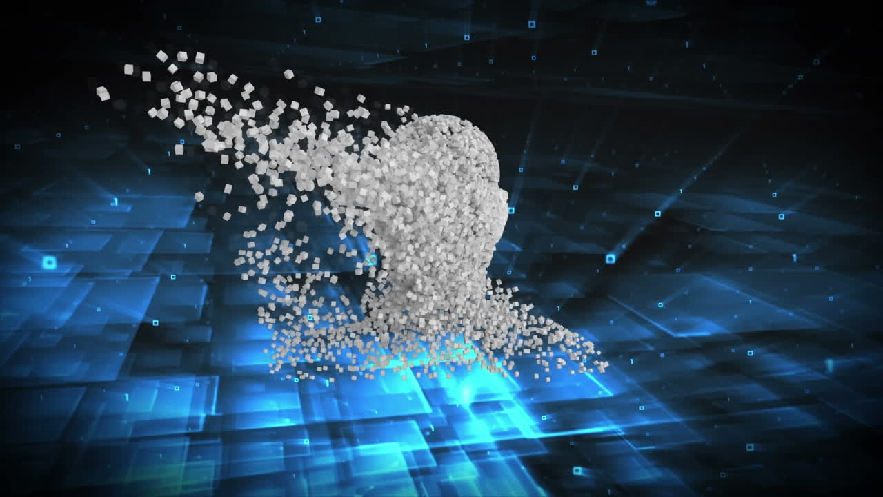 파란색과 검은색 디지털 공간에서 인간 모델 위에 텍스트로 만들어진 뇌의 애니메이션