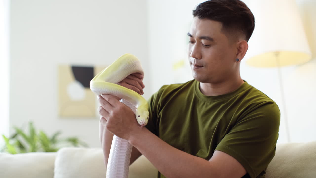 실내에서 뱀을 들고 있는 남자