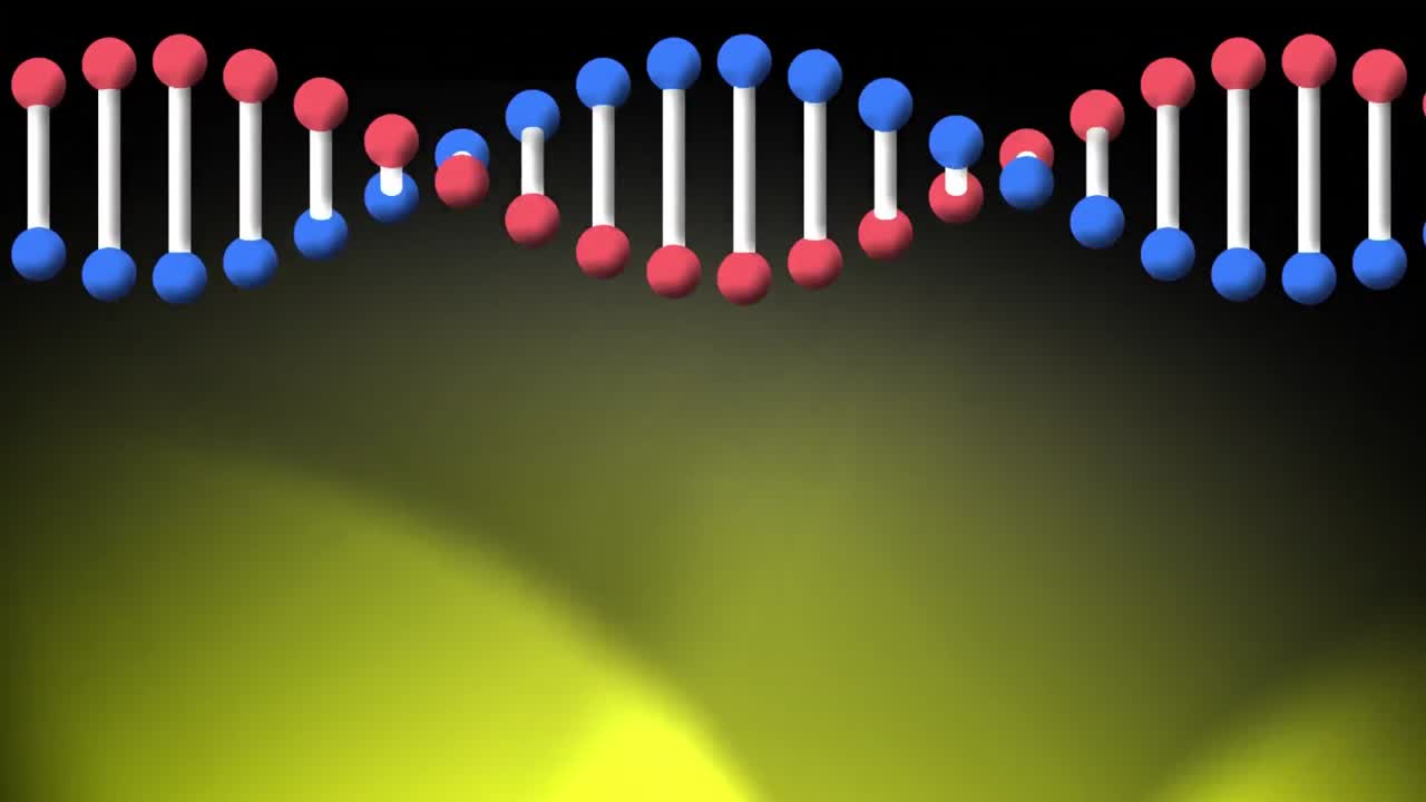 검은 바탕에 노란색 스포트라이트가 있는 회전하는 dna 가닥의 애니메이션