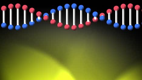 Animación-De-Una-Cadena-De-ADN-Giratoria,-Con-Focos-Amarillos-Sobre-Fondo-Negro.