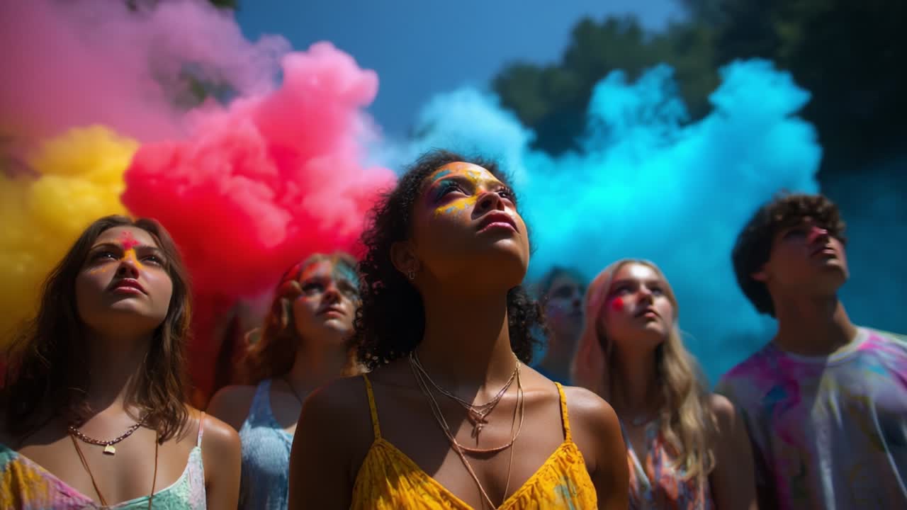 Group of Young People Celebrating with Colorful Smoke and Powder Paint