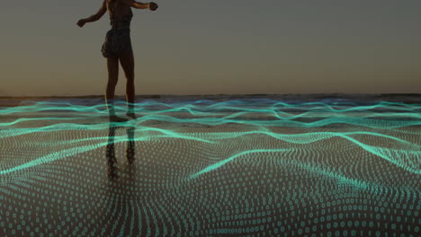 person walking on beach with digital wave animation overlaying sand