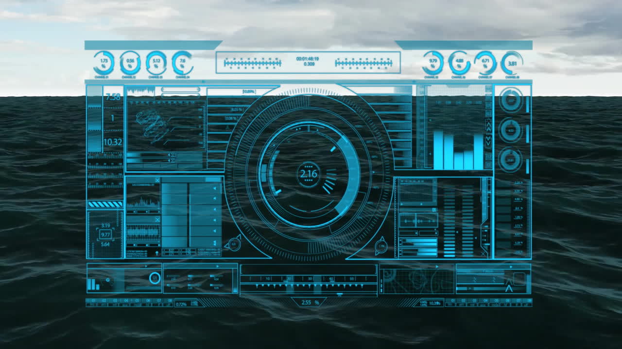Animating futuristic data interface over ocean waves, showcasing advanced technology
