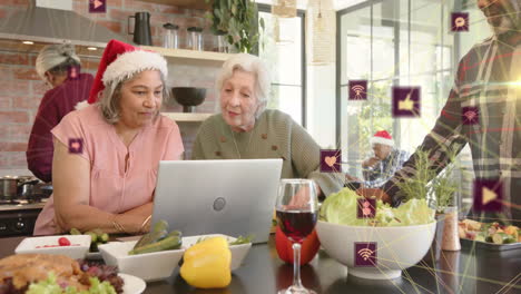 animación de la red de conexiones con iconos sobre diversos amigos mayores en navidad
