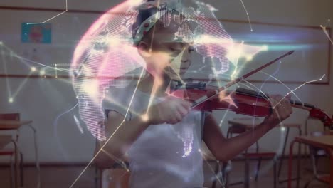 Globe-of-network-of-connections-over-african-american-girl-playing-violin-at-elementary-school
