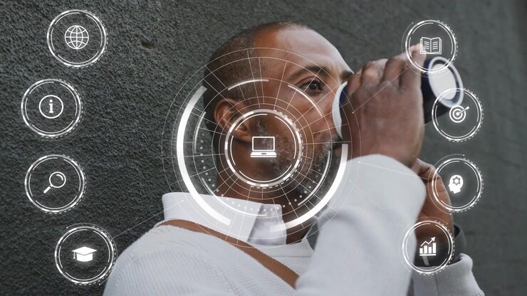 Mature man drinking travel cup answering ringing phone while AR tech icons tracking head