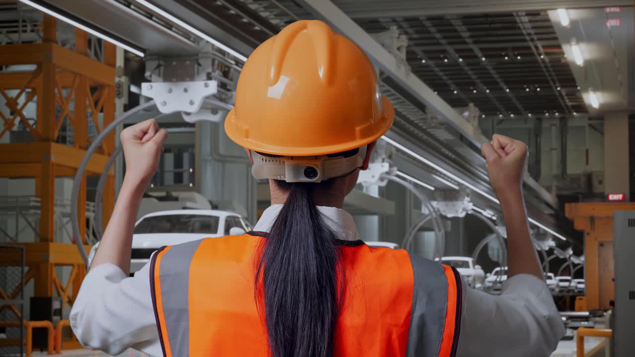 vista posterior cercana de una ingeniera con casco de seguridad levantando las manos celebrando mientras trabajaba en una fábrica de automóviles ev