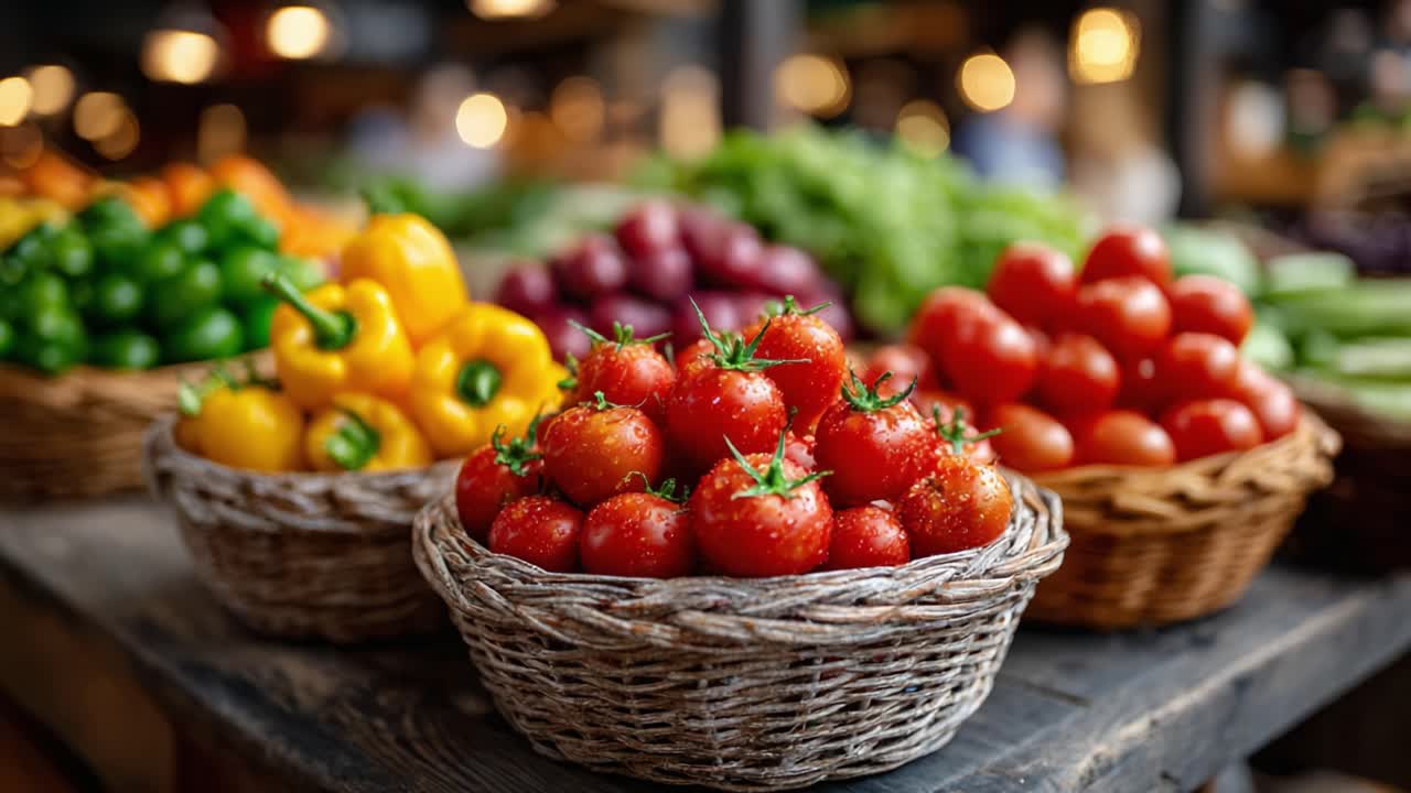 A Vibrant Display of Fresh Vegetables and Fruits at a Market, Showcasing the Colorful Array of Produce Like Bright Red Tomatoes, Green Peppers, and Purple Grapes