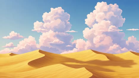 a serene desert landscape with majestic clouds: captivating sand dunes glimmering under a bright blue sky, perfectly reflecting the tranquility of nature's beauty