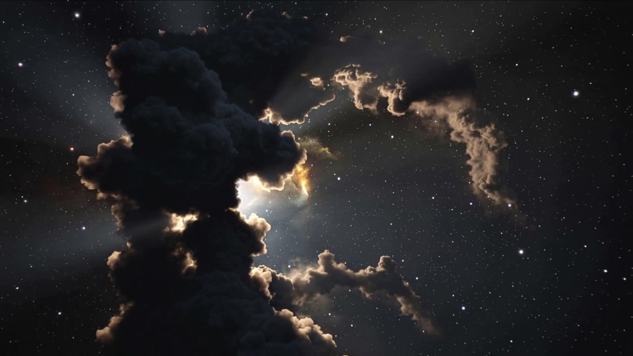 Hidden backlight brightening, dark nebula pillar revealing rim glow and lit tendrils in starfield
