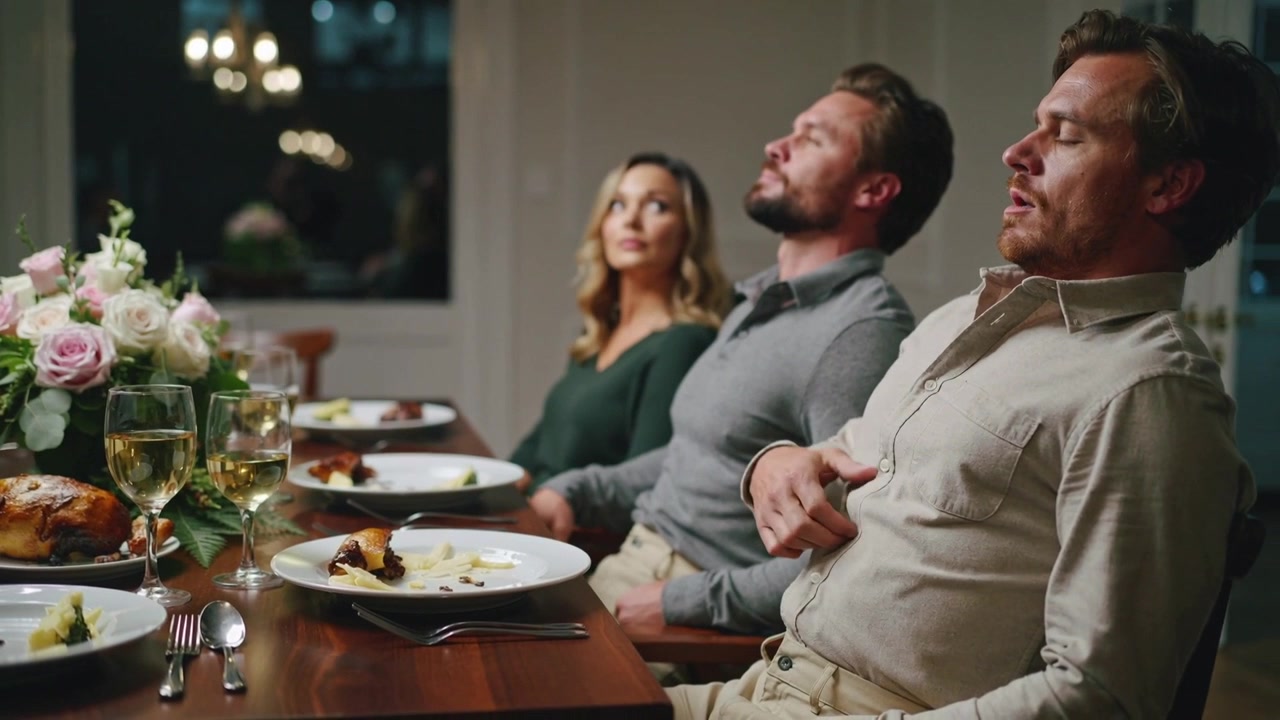 Adjusting three adults in shirt, sweater, green top loosening belts after meal at dinner, flowers