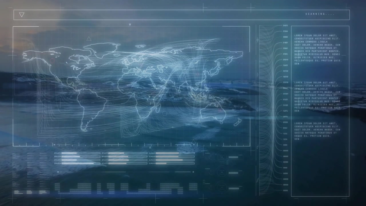 Fading translucent overlay starting coastal map view curved lines mapping data marker marking node