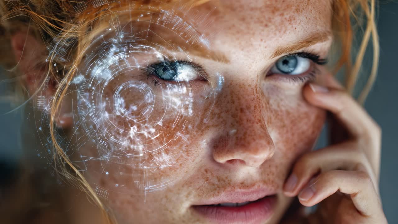 A captivating close-up of a woman's face displaying intricate digital interfaces and holographic elements merging with her blue eyes and freckled skin, evoking a futuristic aesthetic