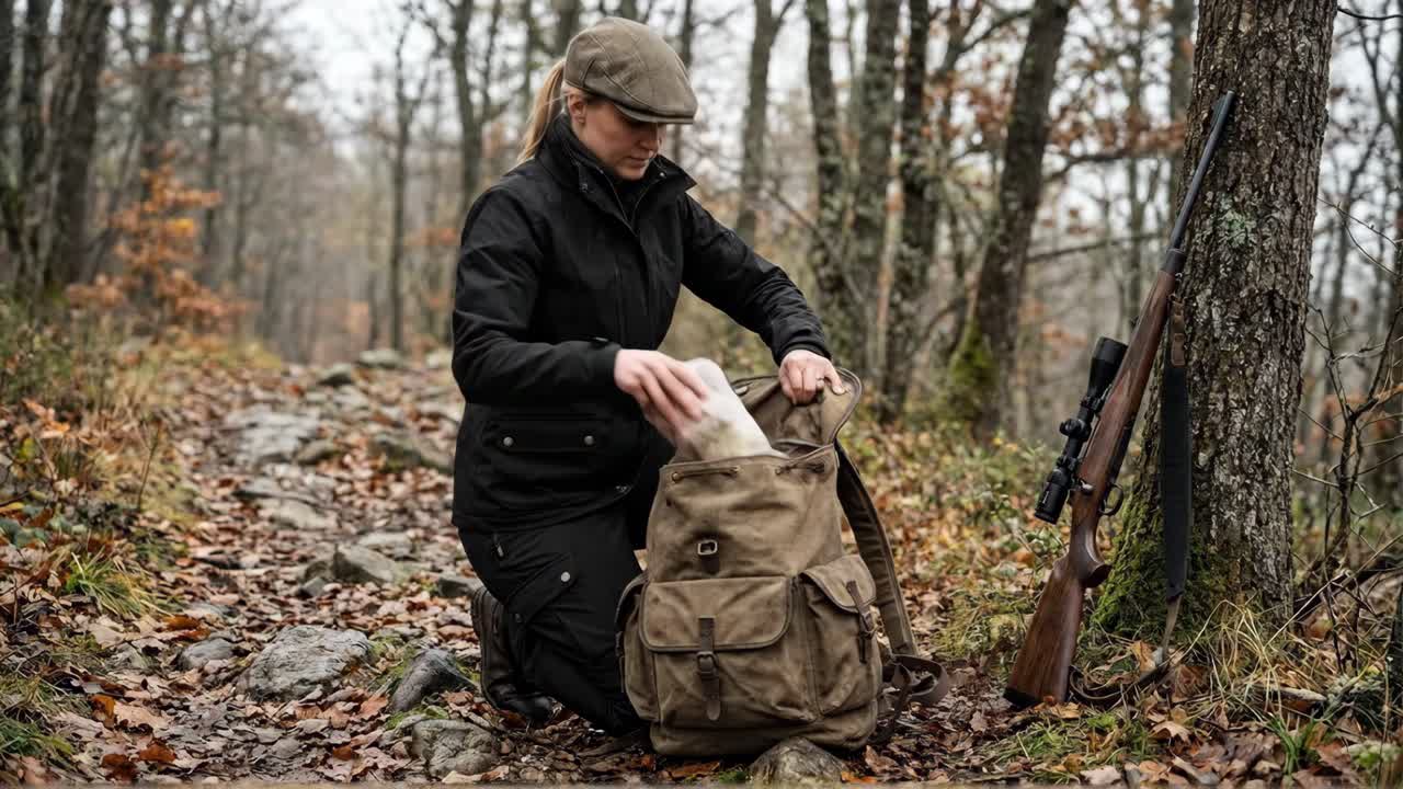Mulher caçadora ajoelhada, pegando equipamentos da mochila na floresta
