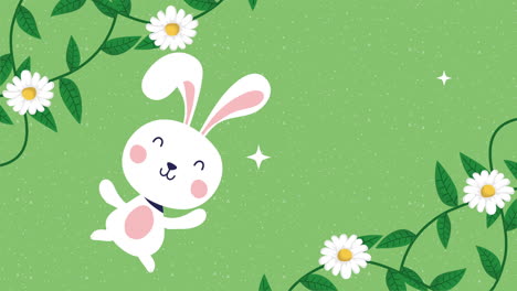 feliz tarjeta animada de pascua con conejo y decoración de flores