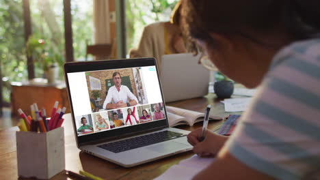 schoolgirl using laptop for online lesson at home, with diverse teacher and class on screen