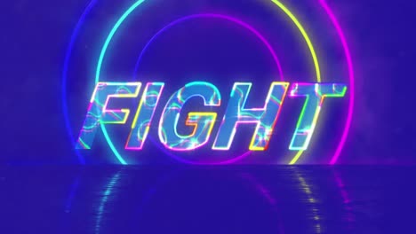 Animation-of-fight-text-over-neon-shapes-on-blue-background