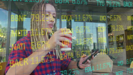 animation of stock market data processing over african american man using smartphone at a cafe