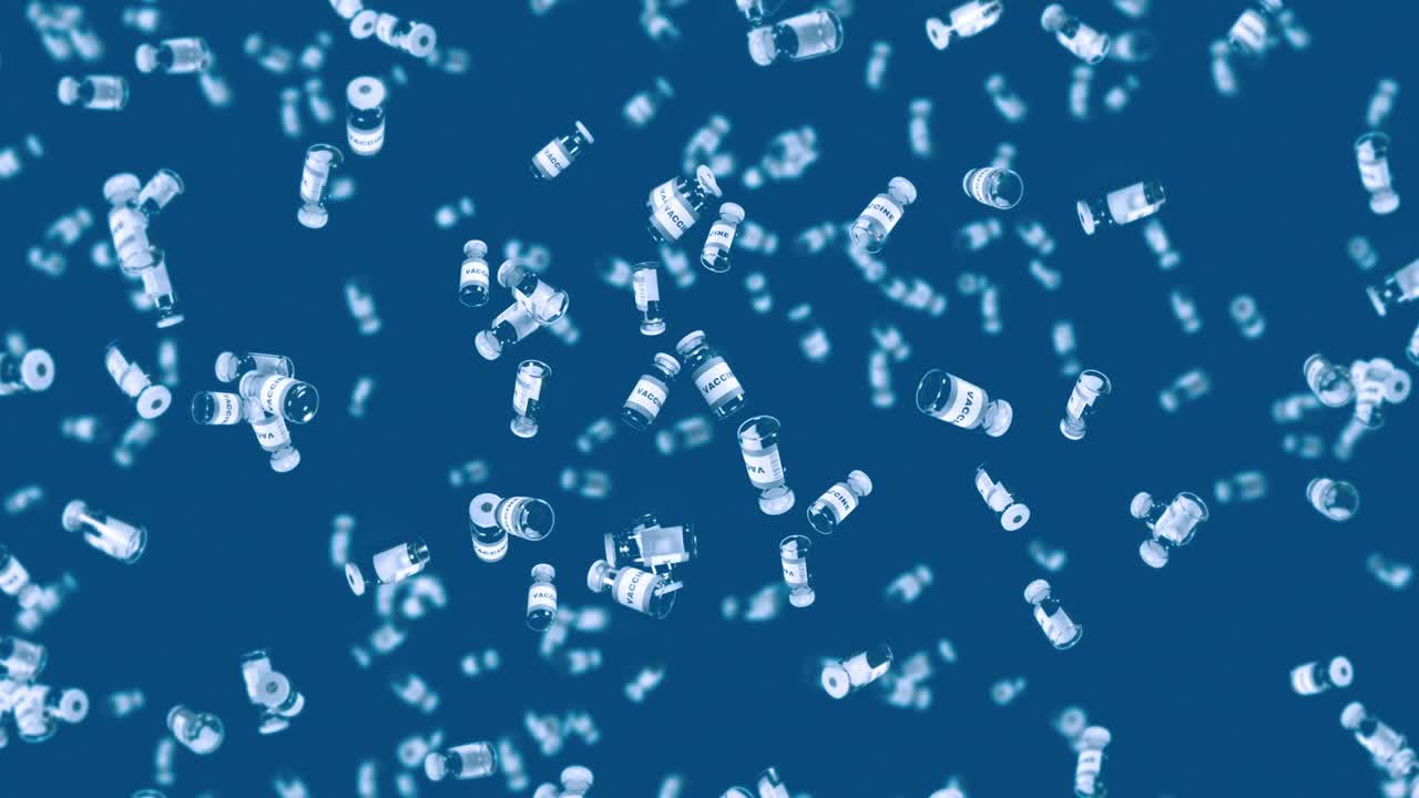 파란색 배경에 많은 백신 병을 날려. 의학 개념. 바이러스 치료. 투명한 액체. 백신의 3d 루프 애니메이션.