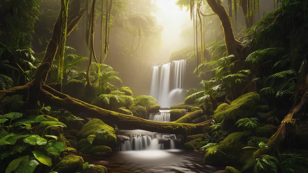 Lush Tropical Jungle Waterfall with Misty Sunlight