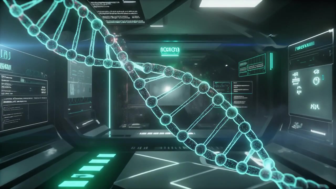 Holographic DNA Strand Rotating in Futuristic Laboratory Environment