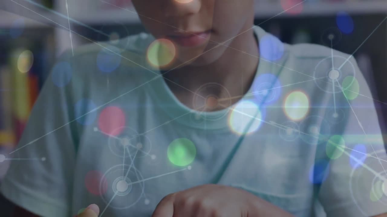 Animation of network of connections and light spots over biracial student