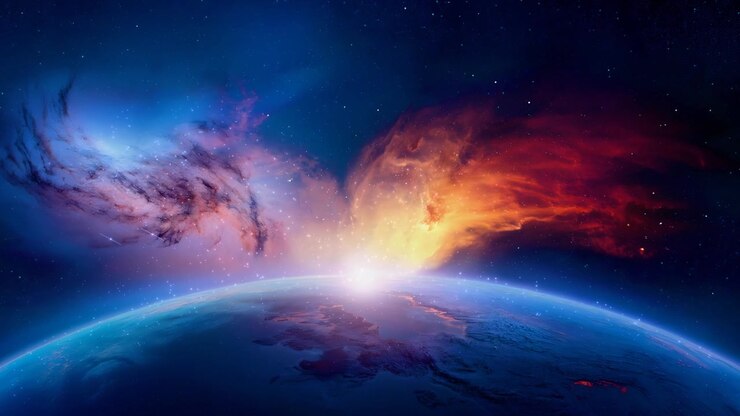 Kinoblick auf einen Planeten bei Sonnenaufgang mit farbenprächtigem Weltraumnebel