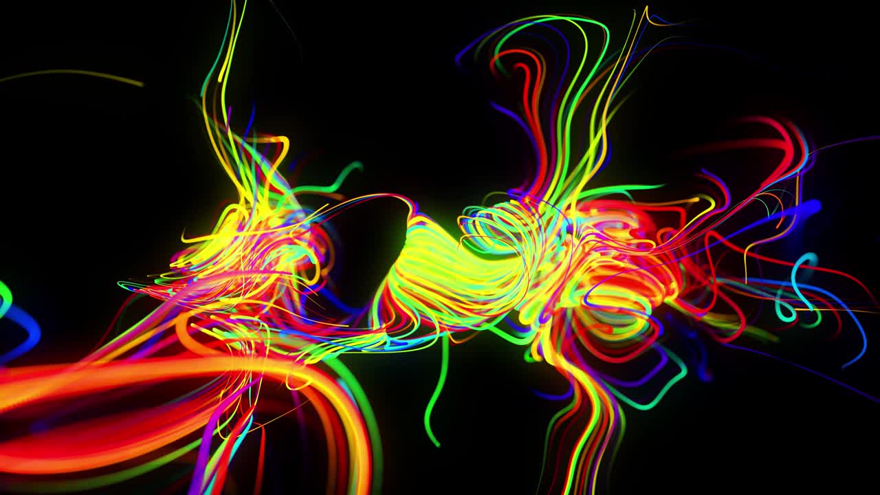 el flujo de fondo abstracto de las líneas de brillo. las partículas de luces en funcionamiento se forman en el espacio 3d brillando hermosas líneas curvas como una bola de cables quemándose con luz de neón. hermoso fondo creativo en bucle en 4k.