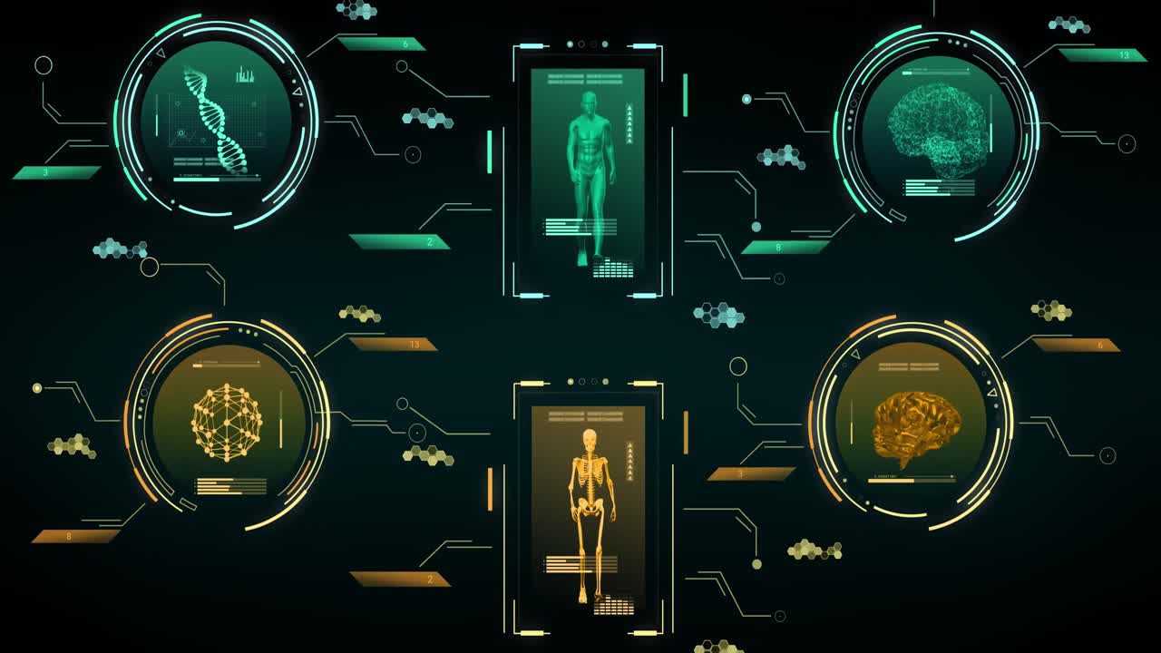 Animation of data processing with human and brains moving over black background