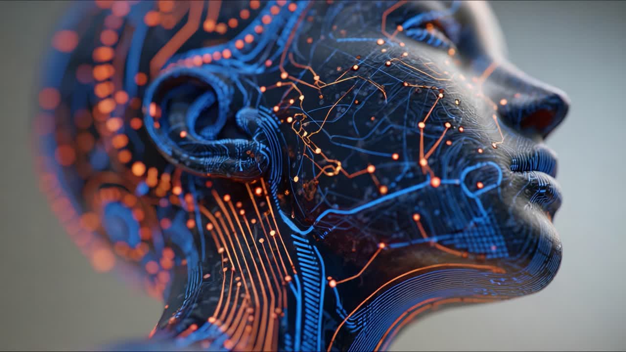 A Stunning Glimpse into the Future of AI: Close-Up View of Futuristic Woman's Face with Intricate Circuit Patterns and Vibrant Neural Connections