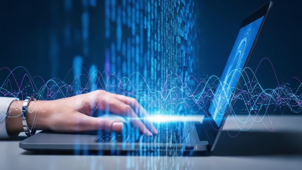 An Engaging Visual of Digital Interaction Featuring a Hand Typing on a Laptop Amidst Streams of Data and Vibrant Wave Patterns Representing Modern Technology