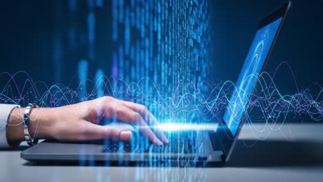 an engaging visual of digital interaction featuring a hand typing on a laptop amidst streams of data and vibrant wave patterns representing modern technology