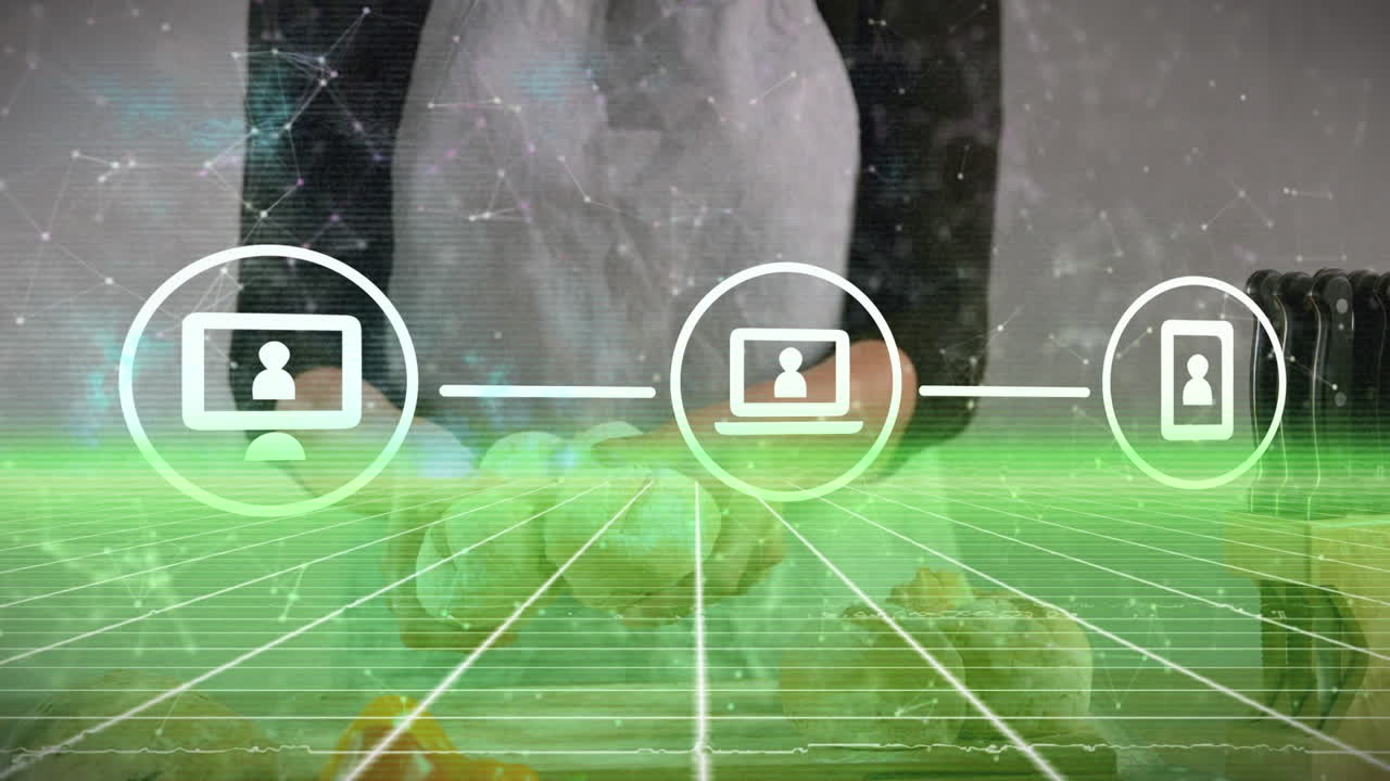 을 들고 있는 백인 여성 위의 아이콘과 연결망의 애니메이션.