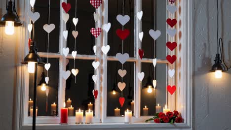 romantic window decor with candles and heart decorations