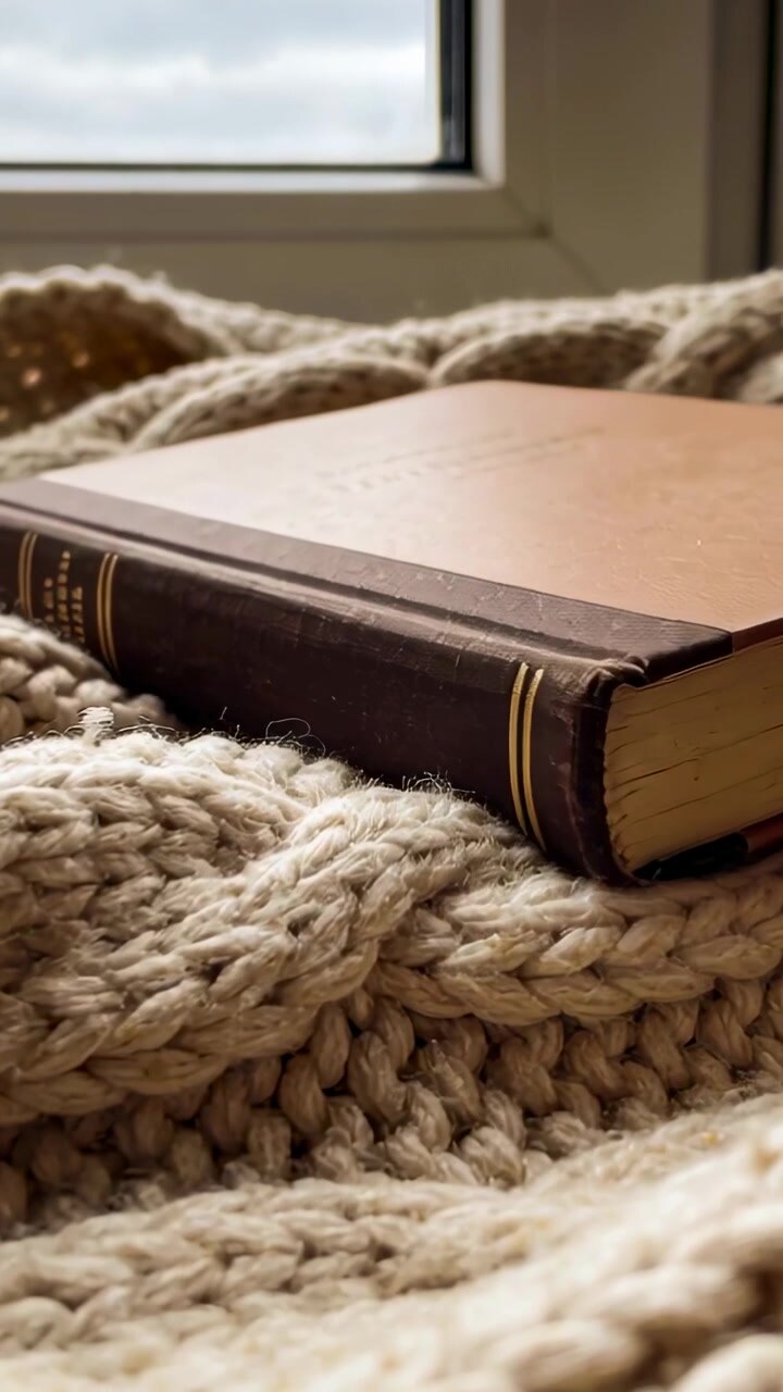 Video verticale: Obiettivo che si sposta spingendo un libro marrone che si inclina e scivola via da un plaid a maglia beige vicino alla finestra.