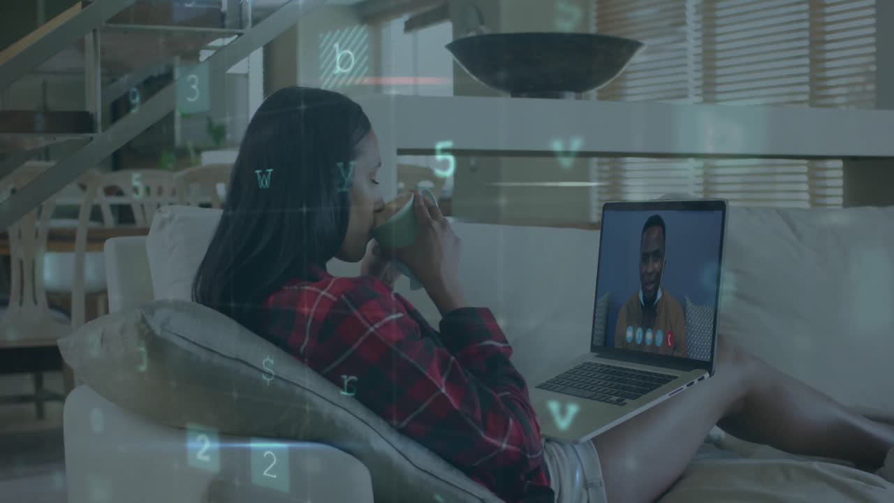Animation of cyber attack warning text over woman using laptop on video call