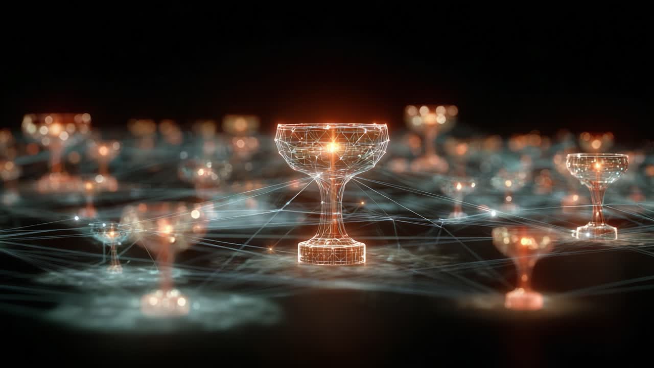 A mesmerizing view of interconnected holographic chalices glowing in a digital void, illustrating the beauty of complex networks and the elegance of technological innovation