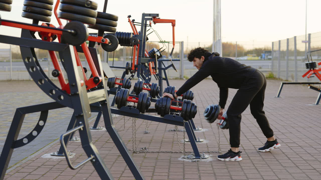 Man Working Out with Dumbbells at Outdoor Gym