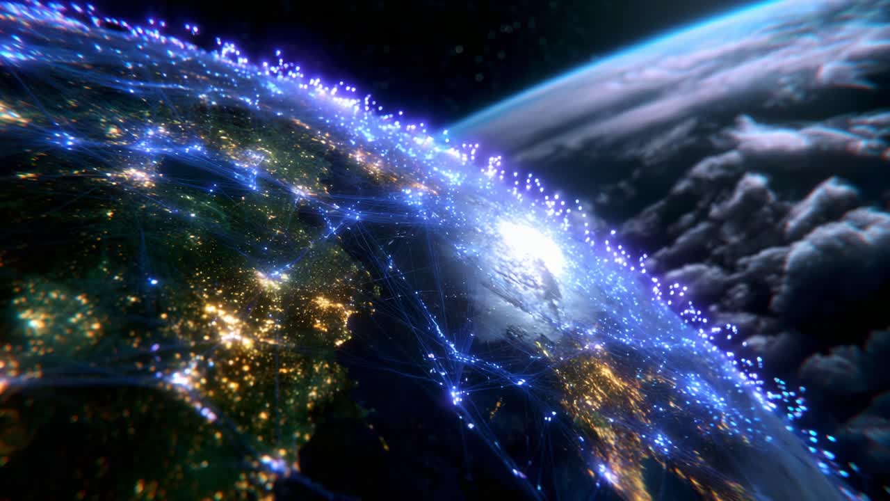 A breathtaking view of Earth illuminated at night, showcasing intricate networks of light and global connections, with swirling clouds and a vibrant atmosphere, captured from a satellite perspective