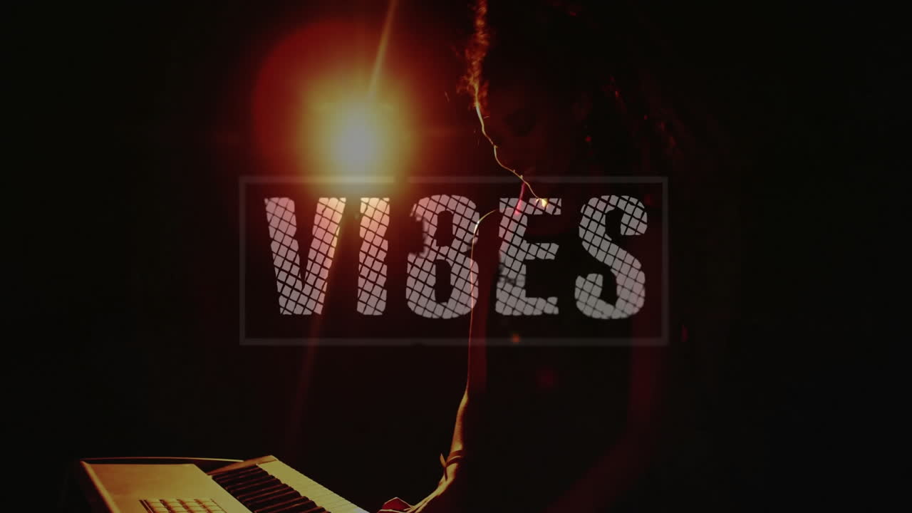 female musician playing electronic keyboard under stage spotlight, showing technology vibes overlay