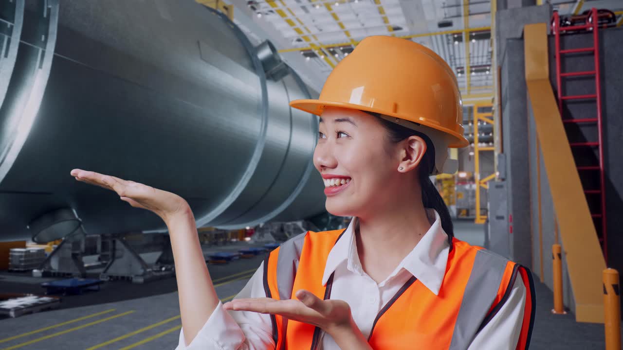안전 헬을 입은 아시아 여성 엔지니어가 파이프 제조 공장에서 서서 웃고 을 가리키고 있습니다.