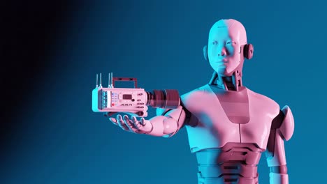 Roboter-Hält-Arri-Alexa-Kinokamera,-Schwebend-Und-Rotierend,-Filmische-Beleuchtung-In-Orange-Und-Blaugrün,-3D-Rendering