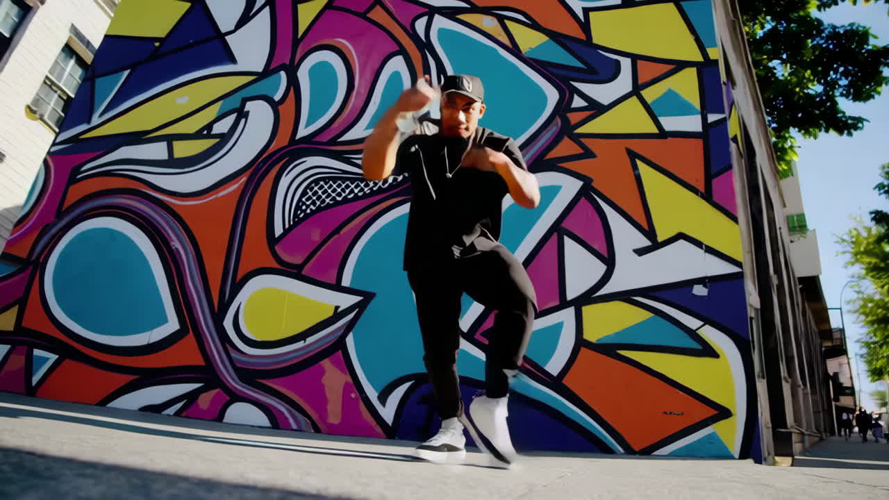 Uomo che balla davanti a un muro di graffiti colorati