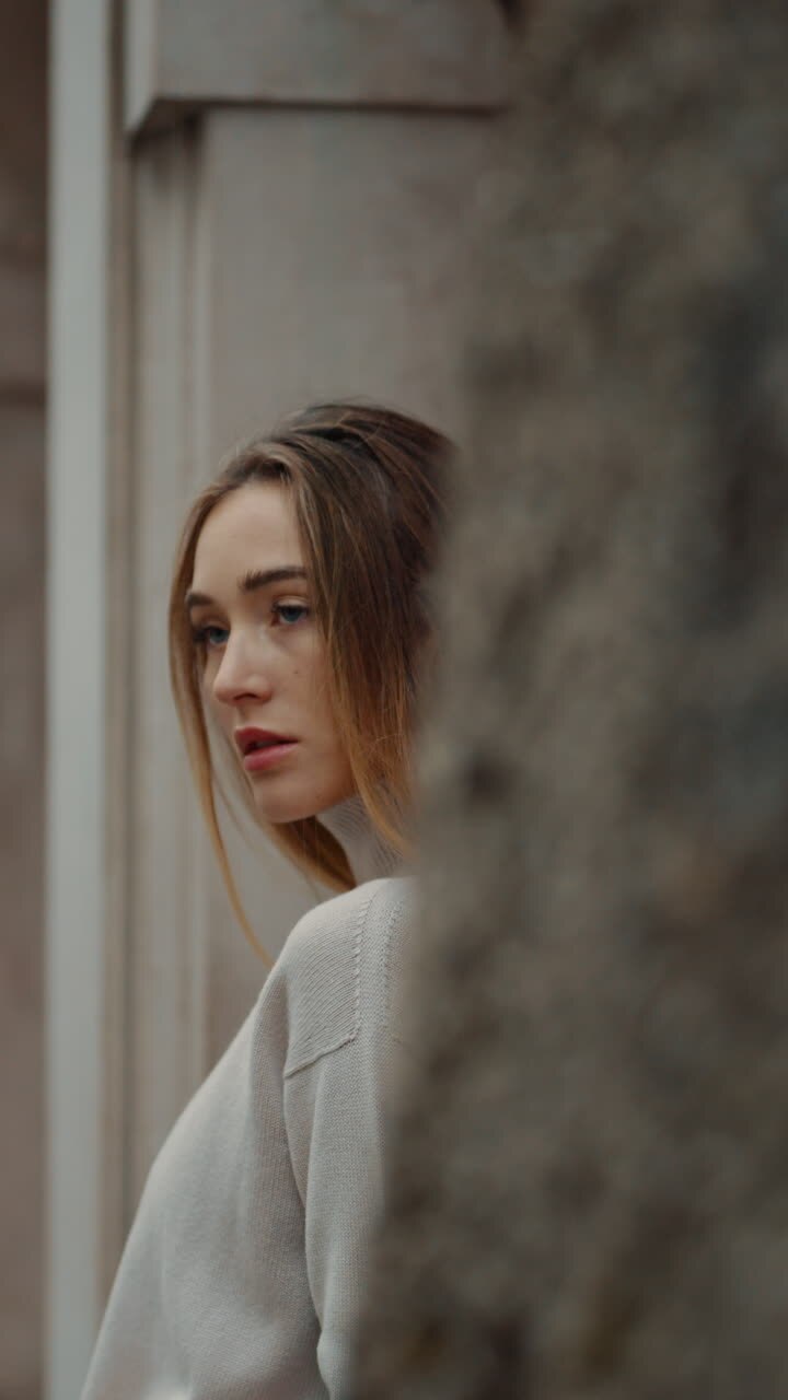Woman in Beige Sweater, Outdoor Portrait