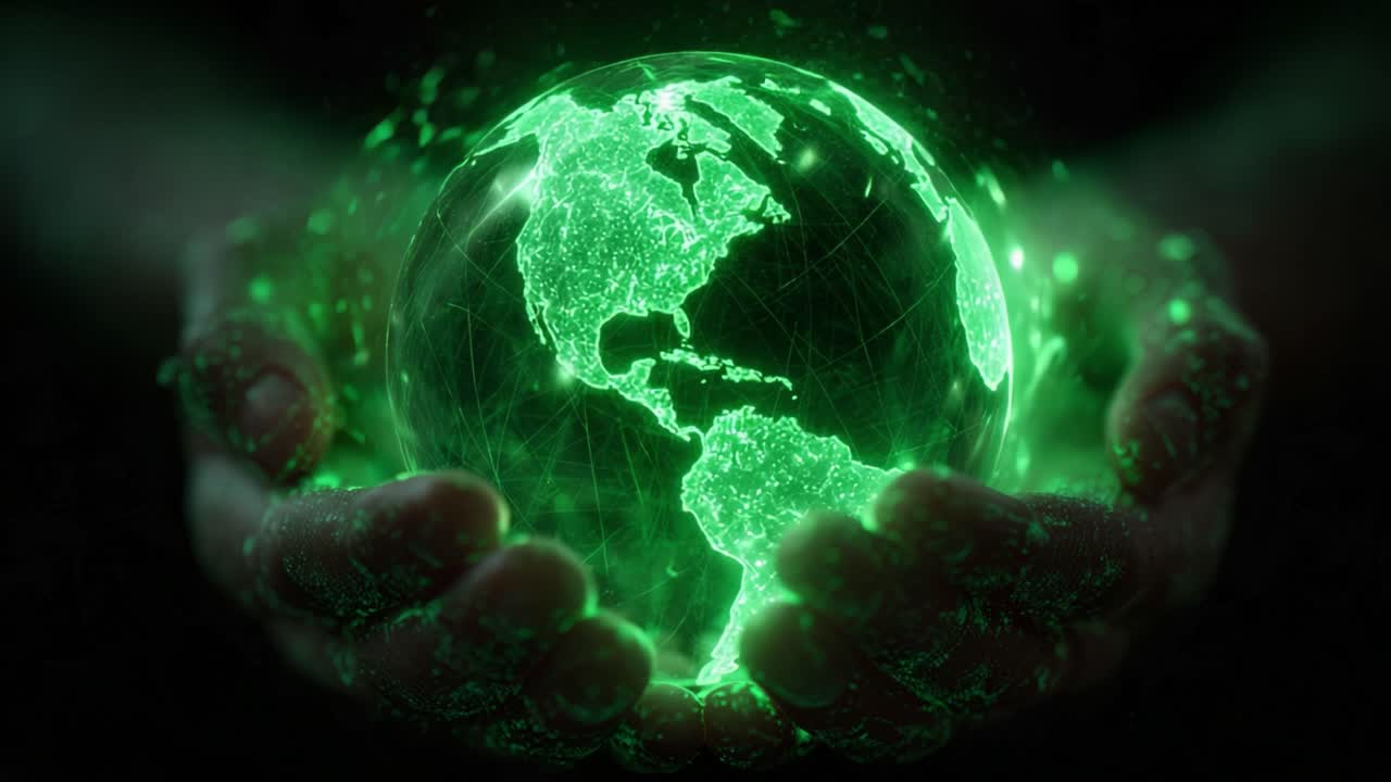 Human hands gently holding a rotating, glowing green digital earth hologram with a connected global network, symbolizing concepts of sustainability, technology, and environmental protection
